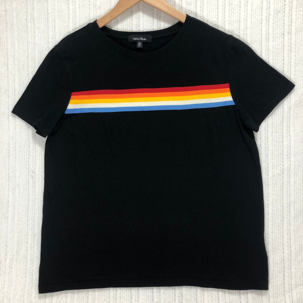 Lea & Viola Striped T-Shirt Rainbow Casual Top Short Sleeve Black S‎